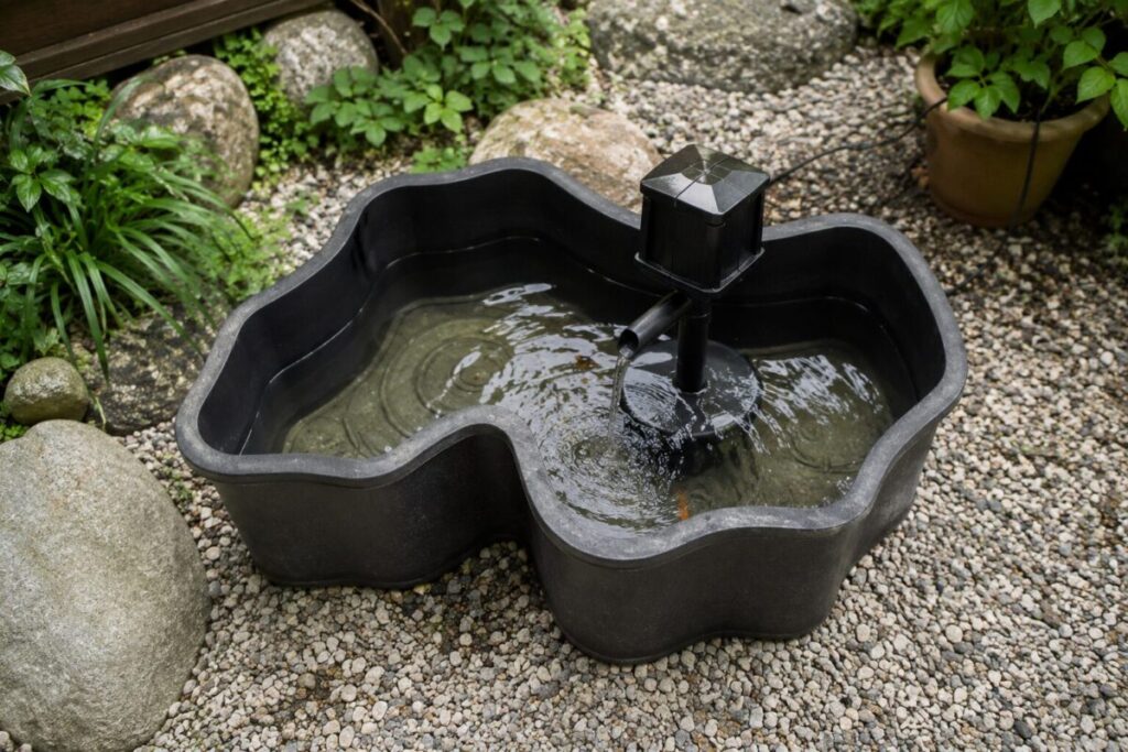 幅120cmのプラ池にタカラ工業のどかTW-700を設置し、水を循環させている様子のリアルフォト