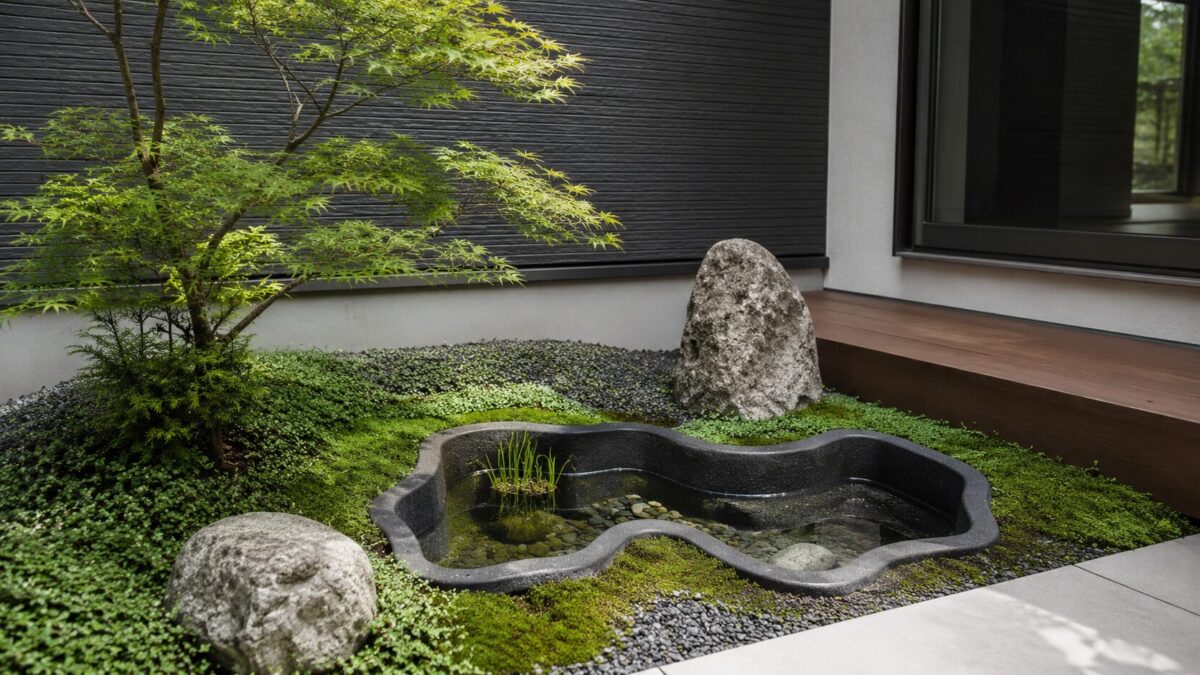 和モダン住宅の中庭に設置されたプラ池の写真