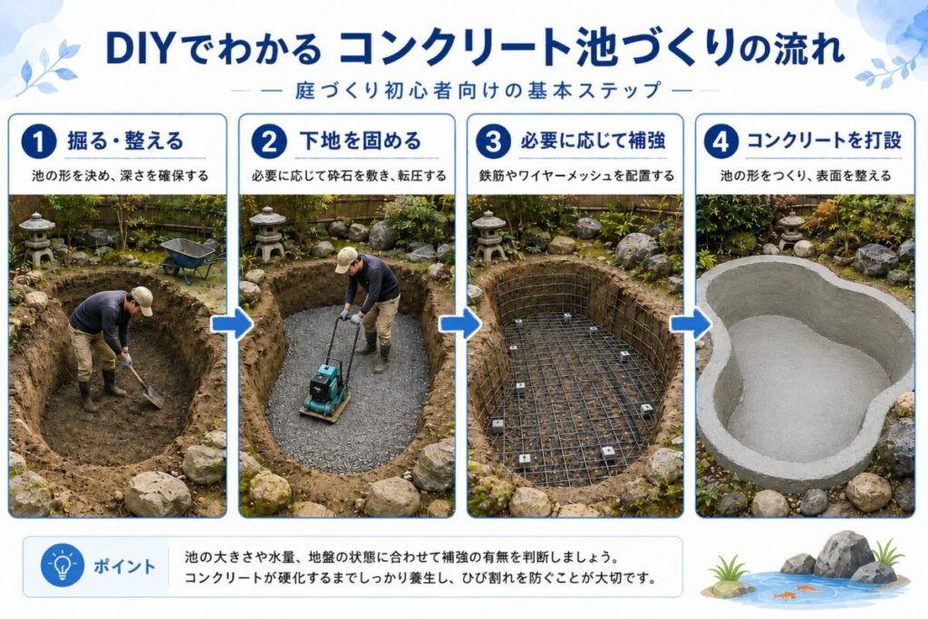 日本庭園風のコンクリート池をDIYで作る手順をまとめた図解。池の形を掘り、下地を固め、補強し、コンクリートで仕上げる流れがわかります。