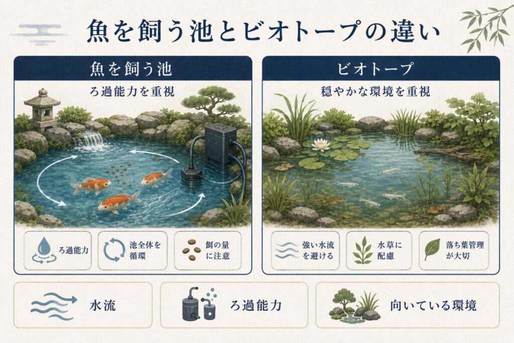 金魚などを飼う庭池とビオトープの違いを比較した図解。魚を飼う池はろ過能力と池全体の循環を重視し、ビオトープはメダカや水草に配慮した穏やかな水流と落ち葉管理が重要であることを示している。