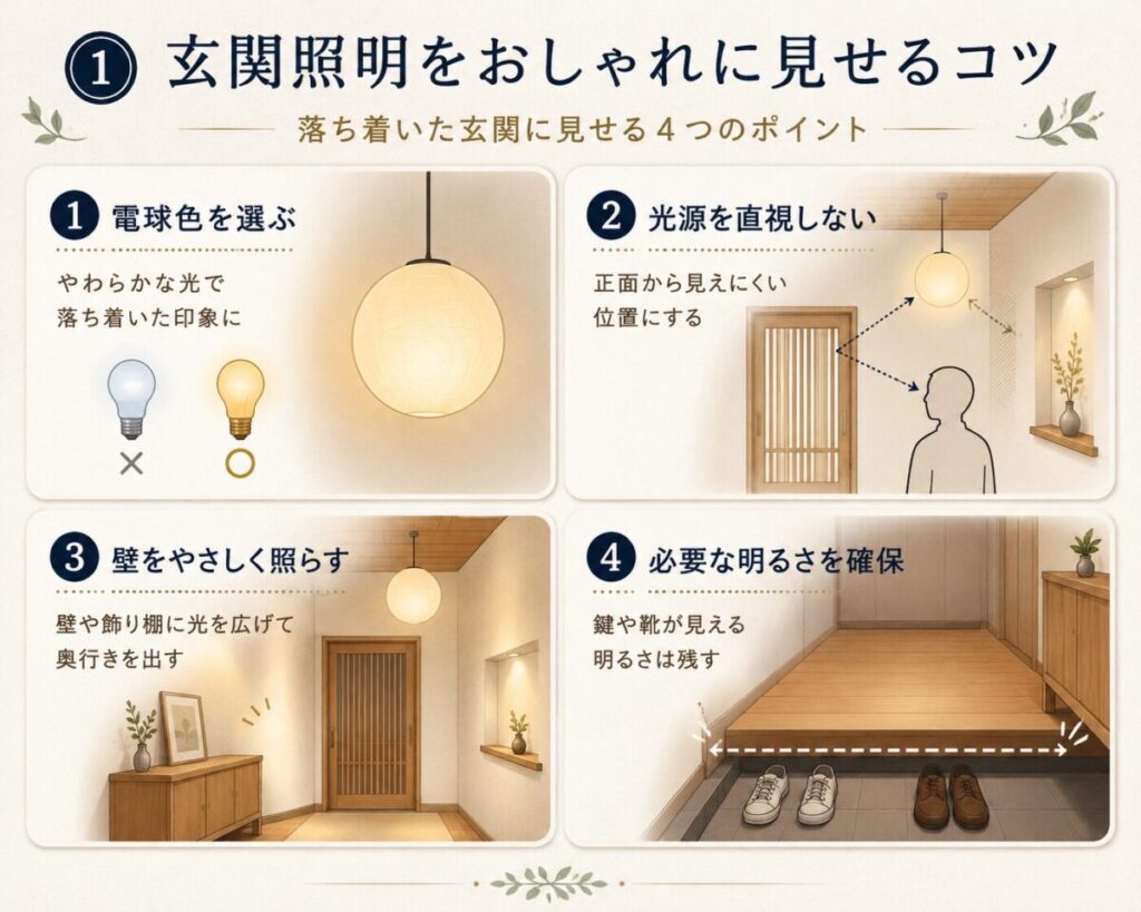 和風・和モダンの玄関照明をおしゃれに見せる4つのポイントを紹介した図解。電球色、光源を直視しない配置、壁や飾り棚を照らす方法、靴が見える明るさの確保を解説