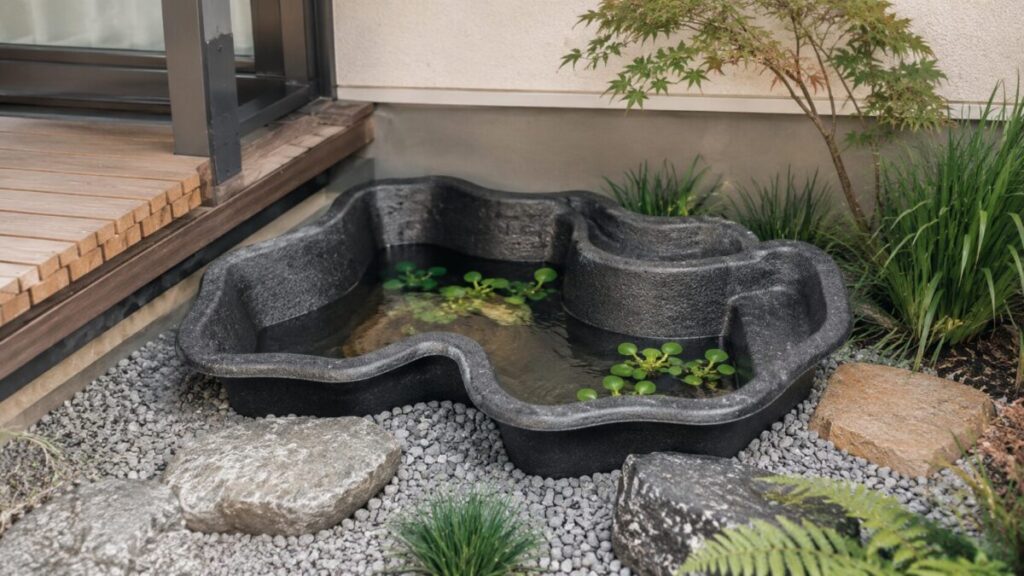和モダン庭に設置してある小さいプラ池の画像