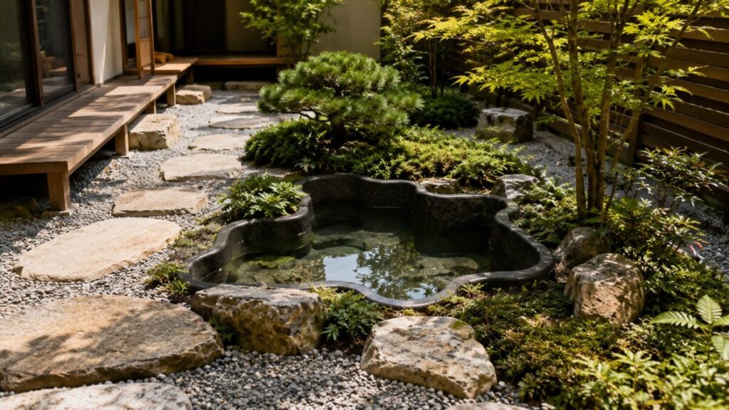 飛び石と植栽がある和風庭園に大型のプラ池が設置されている写真