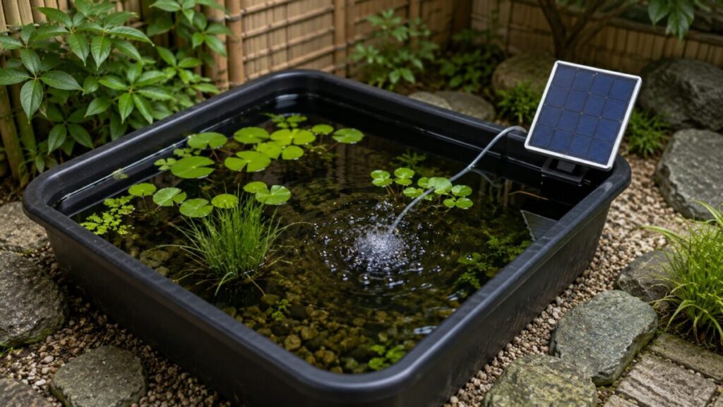 四角いプラ池がある和風庭園でソーラーポンプを使用しているイメージ画像