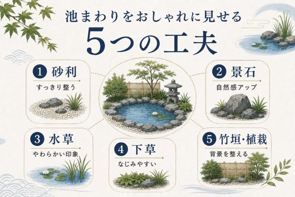 池まわりをおしゃれに見せるために、砂利、景石、水草、下草、竹垣や植栽を組み合わせる工夫を紹介した和モダン庭園の図解画像