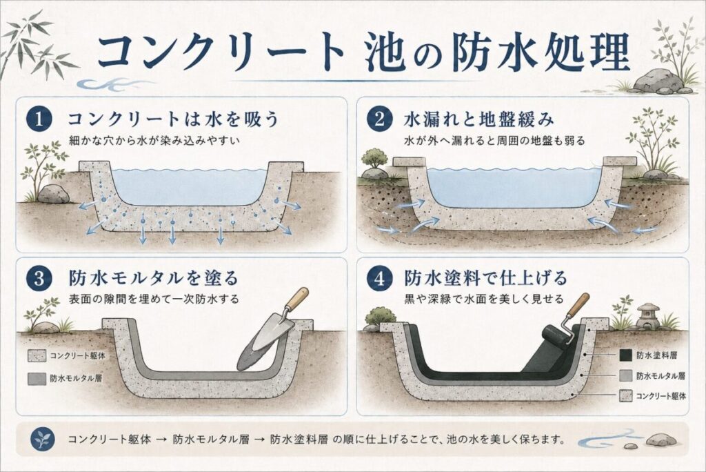 和モダンの庭に作るコンクリート池の防水処理図解。水漏れを防ぐために防水モルタルと池用防水塗料を重ねる施工手順。