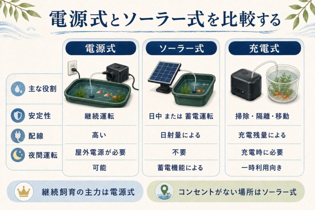 屋外用エアーポンプの電源式・ソーラー式・充電式について、安定性や配線、夜間運転の違いを比較した図解