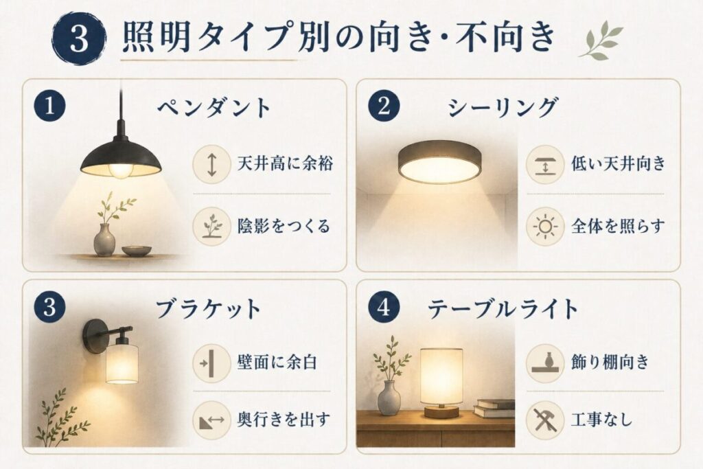 和風・和モダン玄関に使える照明4種類を比較した図解。ペンダントライト、シーリングライト、ブラケットライト、テーブルライトの特徴と向いている玄関を紹介。