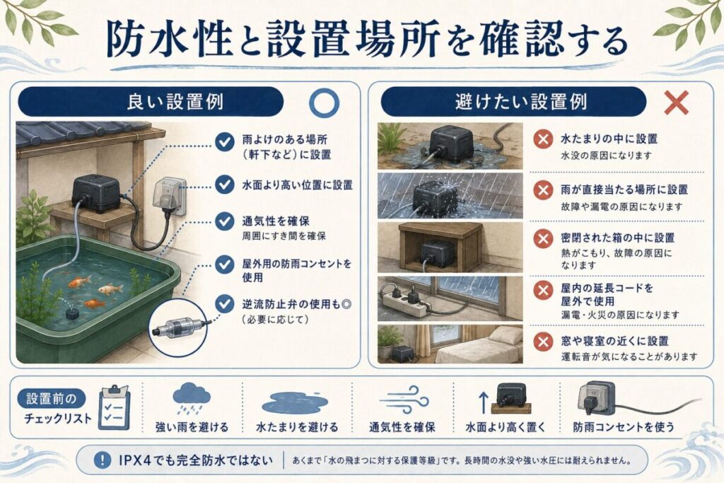 屋外用エアーポンプを雨や水たまりから守り、水面より高い位置と防雨コンセントへ設置する方法を示した図解