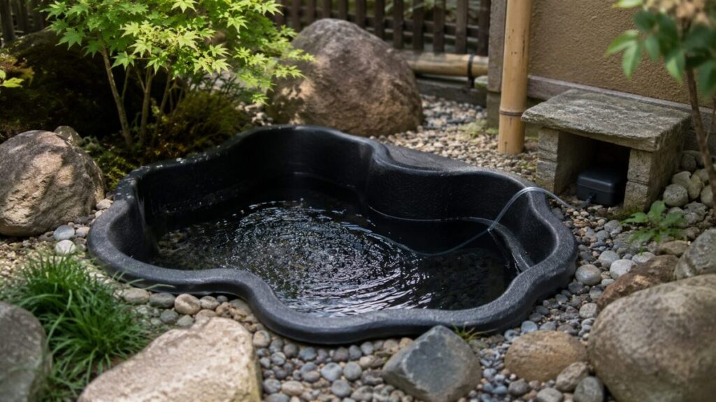 和風庭園のプラ池に電源式エアーポンプを使用しているイメージ画像式