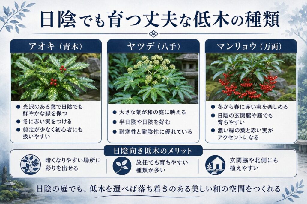 日陰でも育つ丈夫な和風低木としてアオキ・ヤツデ・マンリョウと植えるメリットを紹介した図解