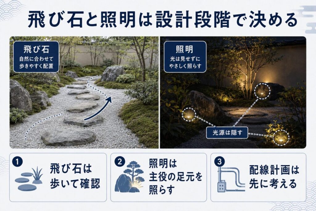 日本庭園の飛び石を歩きやすく配置する方法と、庭石や庭木を照らす屋外照明の計画を解説した図解