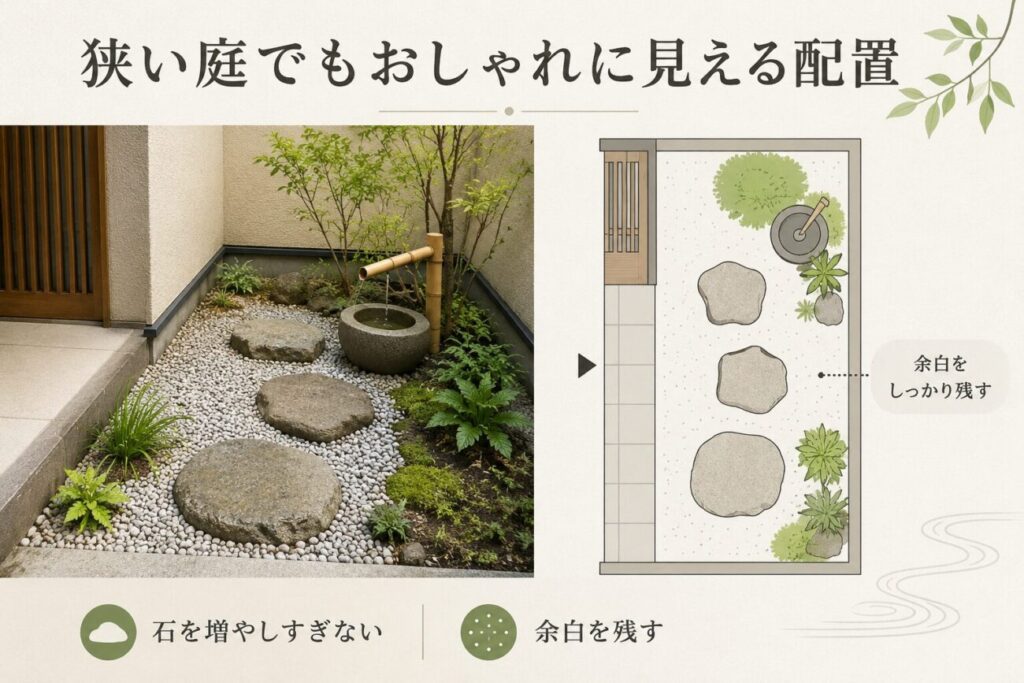 狭い庭に少数の飛び石と砂利、植栽、水鉢を配置したおしゃれなレイアウト例
