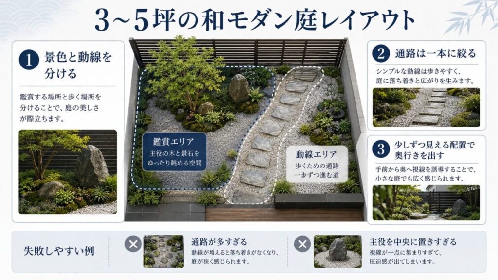3~5坪の和モダン庭で、鑑賞する植栽と景石のエリア、歩く飛び石の動線を分けて奥行きを出すレイアウト図