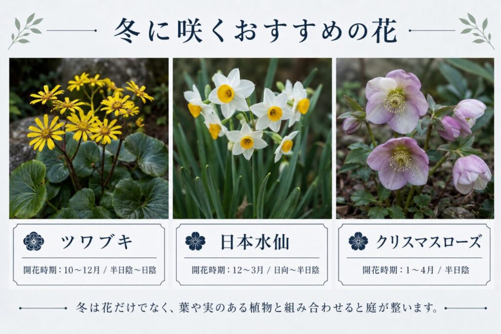 和モダンな庭に合う冬の花として、ツワブキ・日本水仙・クリスマスローズの開花時期と日照条件を紹介した図解