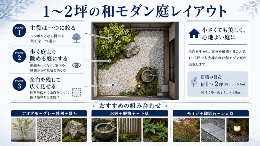 1~2坪の狭い和モダン庭で、シンボルツリーや水鉢を一つの主役に絞り、砂利と下草で余白を残す作り方の図解