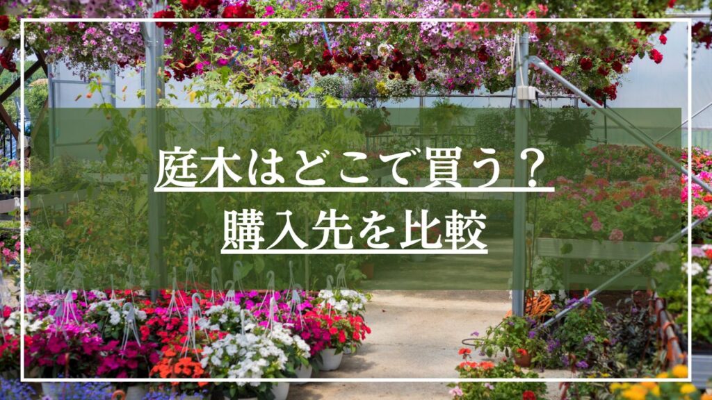 園芸店の店内の写真に「庭木はどこで買う?購入先を比較」と見出しが書かれた写真