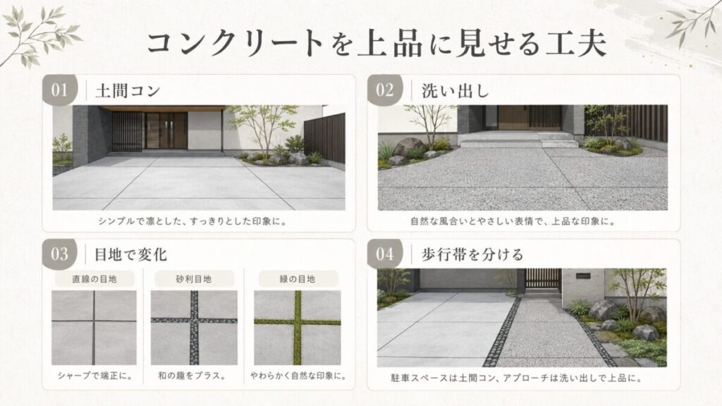 和モダン駐車場のコンクリートデザインを、土間コンクリート、洗い出し、目地の工夫、歩行帯の分け方で比較しながら紹介した図解イラスト