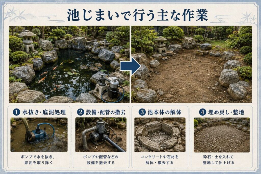 池じまいの主な作業工程を説明した図解。庭池の水抜きと底泥処理、ポンプや配管の撤去、池本体の解体、砕石や土による埋め戻しと整地の流れを比較しています。