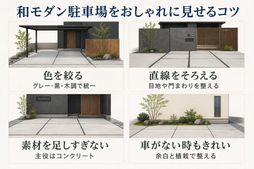 和モダン駐車場をおしゃれに見せるコツを、色使い、直線のそろえ方、素材の絞り方、車がない時の見え方の4つのポイントで解説した図解イラスト