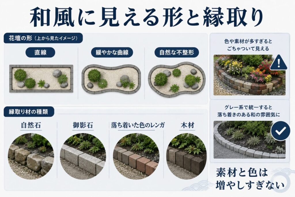 石や植物を詰め込みすぎた花壇と、主石を一つ決めて灰色の砂利と余白を残した和風花壇を比較した図解