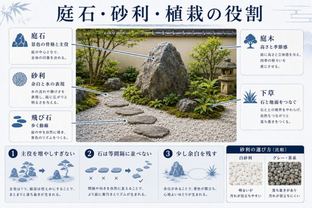 日本庭園における庭石・砂利・飛び石・庭木・下草の役割と、自然に見せる配置のポイントを解説した図解