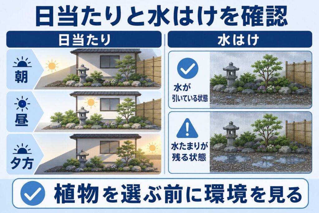 朝昼夕の日当たりの変化と、雨のあとに水が引く花壇と水たまりが残る花壇を比較した確認方法の図解