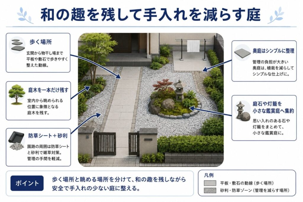 平板の園路、防草シートと砂利、庭木一本、庭石と灯籠を組み合わせ、和の趣を残しながら手入れを減らした庭じまい後の完成イメージ