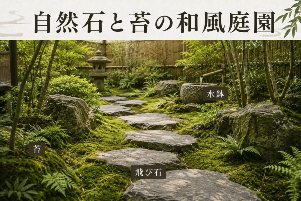 自然石の飛び石と苔、水鉢を組み合わせた落ち着きのある和風庭園