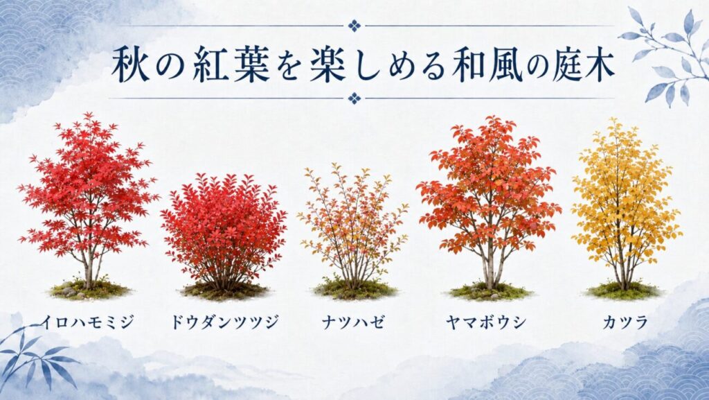 秋の紅葉を楽しめる和風の庭木を紹介する図解イラスト。イロハモミジ、ドウダンツツジ、ナツハゼ、ヤマボウシ、カツラを青基調で一覧表示。
