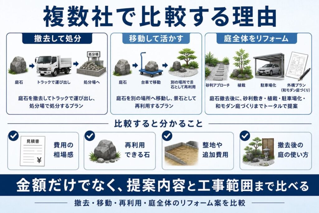 庭石撤去で複数社を比較する理由をまとめた青基調の図解。撤去して処分する案、移動して景石として再利用する案、庭全体をリフォームする案を比較し、費用の相場感、再利用できる石、整地や追加費用、撤去後の庭の使い方まで確認するポイントを紹介