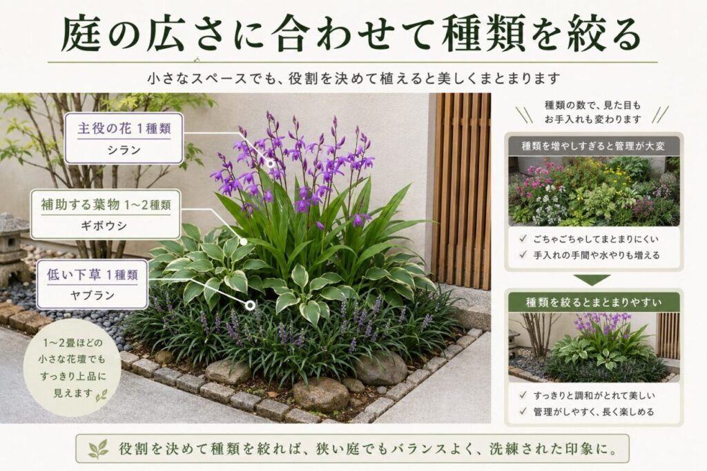 1〜2畳ほどの小さな和モダン花壇で、シランを主役にギボウシとヤブランを組み合わせ、植物の種類を絞る方法を紹介した図解