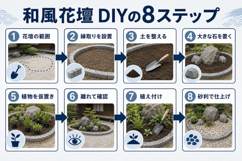 花壇の範囲決め、縁取り、土づくり、石の配置、植物の仮置き、確認、植え付け、砂利仕上げのDIY手順図