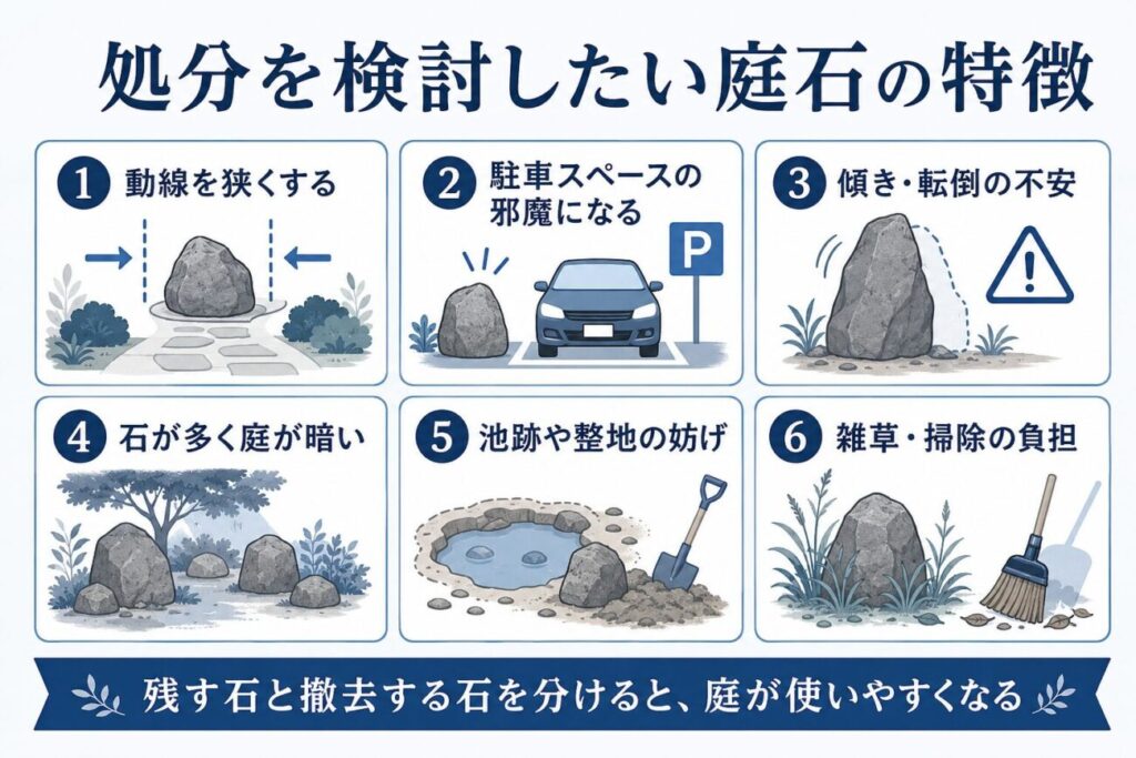 処分を検討したい庭石の特徴をまとめた青基調の図解。動線を狭くする石、駐車スペースを使いにくくする石、傾きや転倒の不安がある石、雑草や掃除の負担になる石など、撤去した方がよい庭石の判断ポイントを紹介