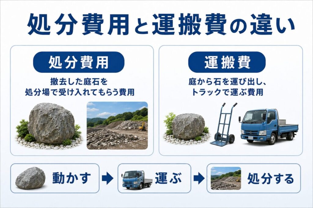 庭石撤去で発生する処分費用と運搬費の違いを比較した図解。庭石を動かす、トラックで運ぶ、処分場で処理する流れをわかりやすく整理