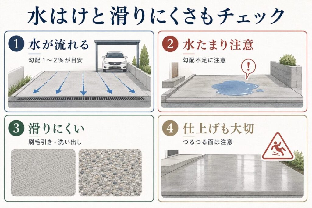 和モダン駐車場で確認したい水はけと滑りにくさについて、勾配の目安、水たまり対策、滑りにくい仕上げ、表面仕上げの注意点をまとめた図解イラスト