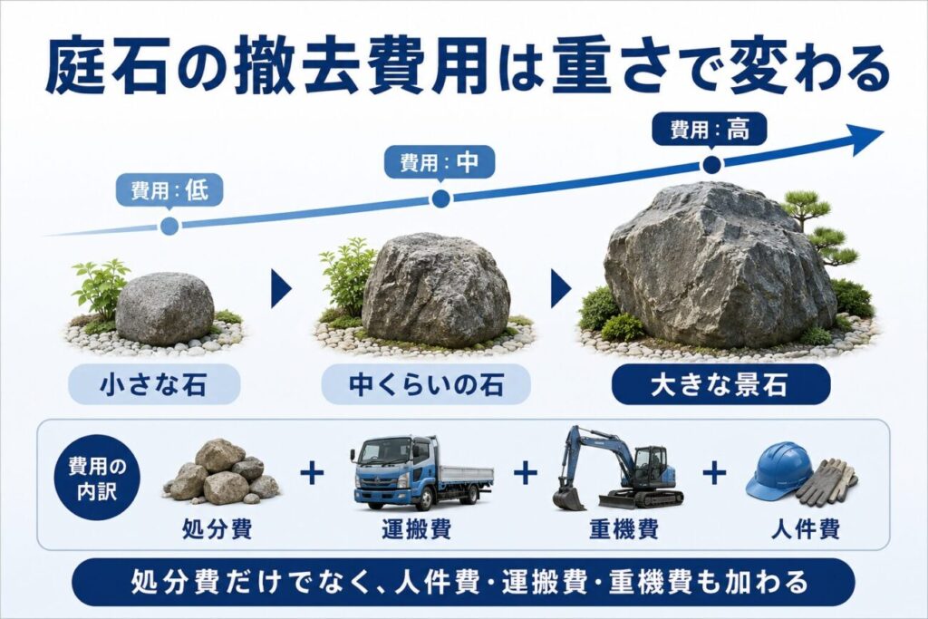 庭石の撤去費用は石の重さによって変わり、小さな石から大きな景石になるほど処分費・運搬費・重機費・人件費が加わりやすいことを示した青基調の図解