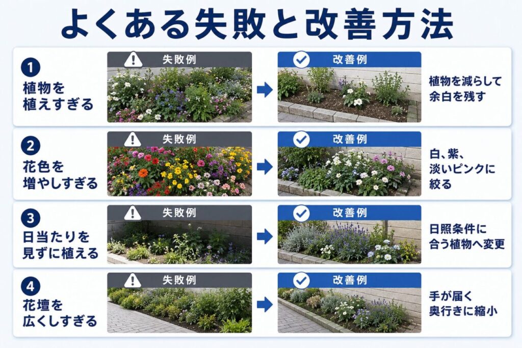 植物や花色の増やしすぎ、日照条件の見落とし、広すぎる花壇の失敗例と改善後の配置を比較した図解