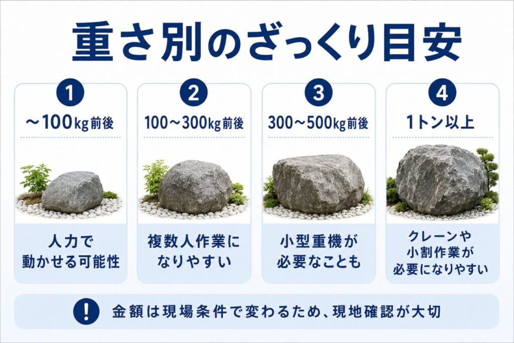 庭石の重さ別に撤去作業の目安をまとめた図解。100kg前後から1トン以上まで、人力作業・複数人作業・小型重機・クレーンや小割作業が必要になりやすいケースを比較