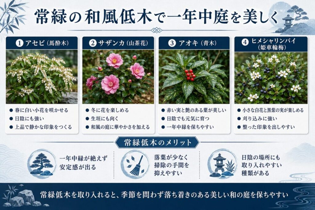 常緑の和風低木としてアセビ・サザンカ・アオキ・ヒメシャリンバイの特徴とメリットを紹介した図解