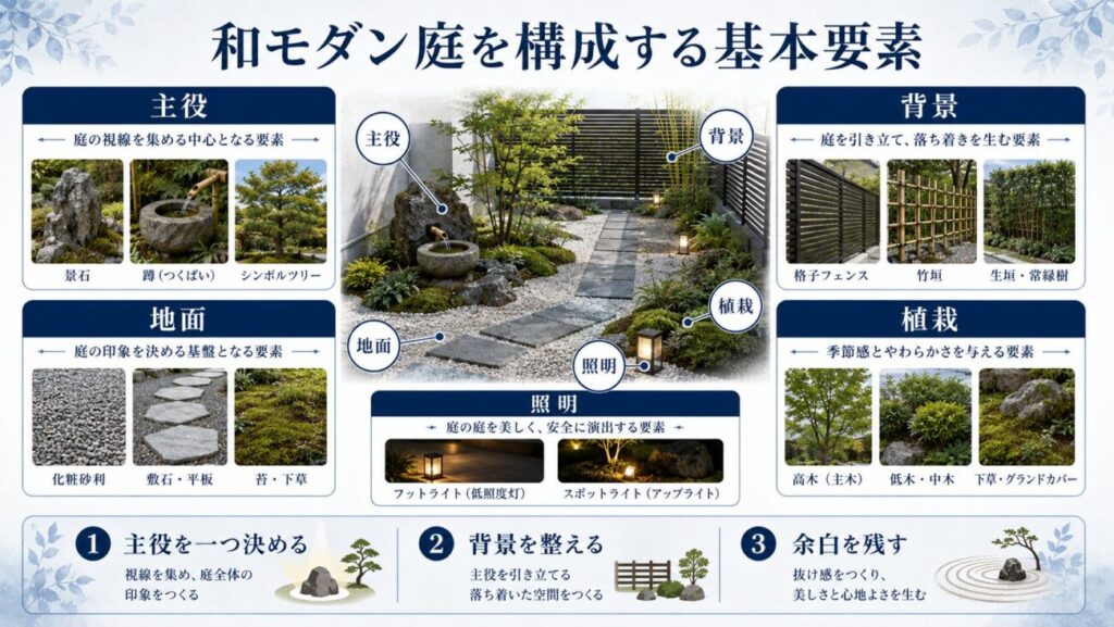 景石や庭木を主役に、砂利の地面、竹垣の背景、植栽、照明を組み合わせる和モダン庭の作り方と基本要素の図解