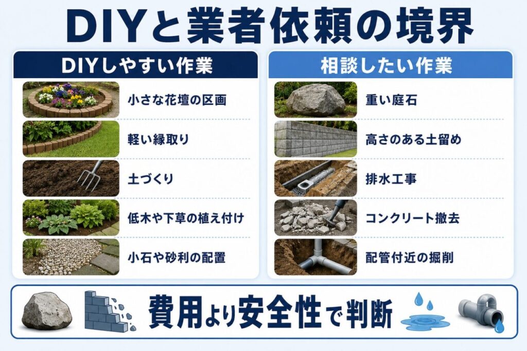 小さな花壇や軽い縁取りなどDIYしやすい作業と、重い庭石、土留め、排水工事など業者へ相談したい作業の比較図
