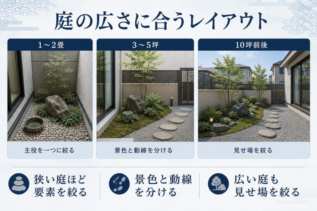 1〜2畳・3〜5坪・10坪前後の庭に合う日本庭園のレイアウトと、主役や動線の考え方を比較した図解