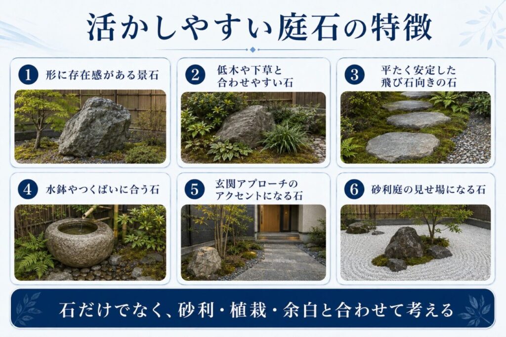 活かしやすい庭石の特徴をまとめた青基調の図解。形に存在感がある景石、低木や下草と合わせやすい自然石、平たく安定した飛び石向きの石、水鉢やつくばいに合う石、玄関アプローチや砂利庭の見せ場になる庭石の再利用ポイントを紹介