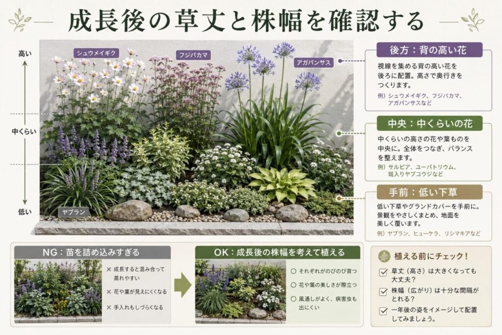 和モダン花壇で背の高い花を後方、低い下草を手前に配置し、成長後の草丈と株幅を考えて植える方法を解説した図解