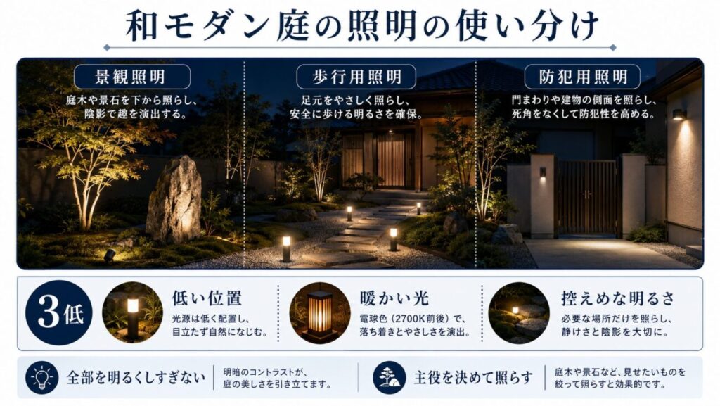 和モダン庭の作り方に合う景観照明・歩行用照明・防犯用照明と、低い位置・暖色・控えめな明るさの使い分け図
