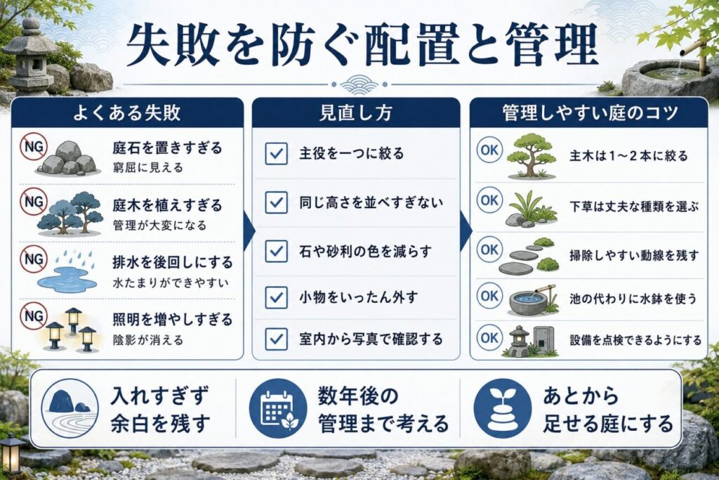 日本庭園づくりで起こりやすい庭石や庭木の入れすぎ、排水・照明の失敗と、余白や管理動線を残す改善方法をまとめた図解