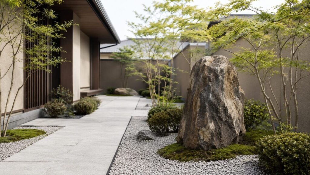 和モダンな庭で大きな庭石を景石として再利用した玄関アプローチ。庭石を処分せず活かす方法を示す画像