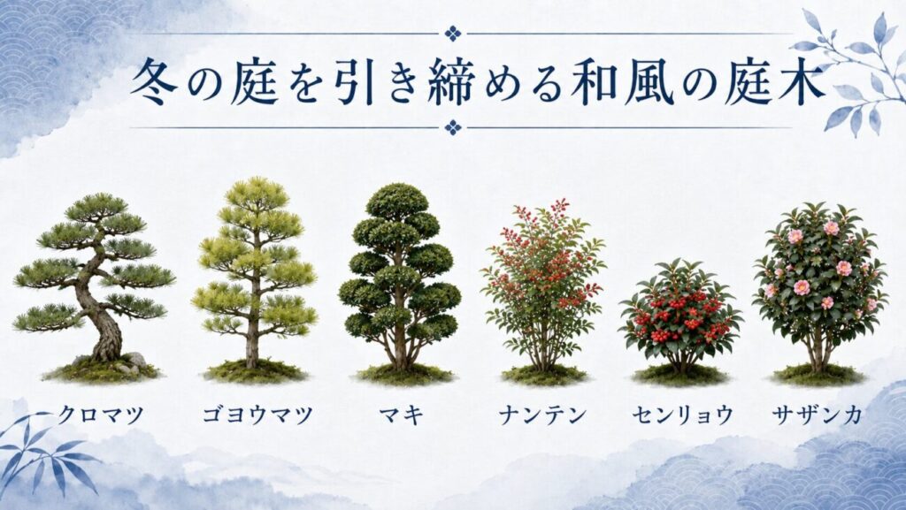 冬の庭を引き締める和風の庭木を紹介する図解イラスト。クロマツ、ゴヨウマツ、マキ、ナンテン、センリョウ、サザンカを青基調で一覧表示。