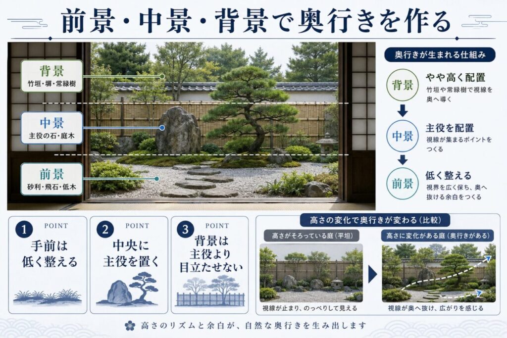 室内から見た日本庭園を前景・中景・背景に分け、庭石や庭木の高さで奥行きを作る方法を解説した図解